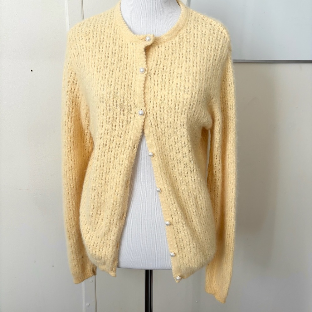 Vintage Angora Wool Blend Pointelle Knit Cardigan